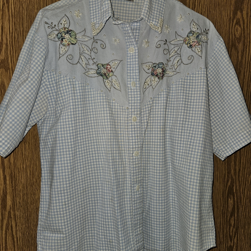 HGNY embellishments Vintage Blue & White Checkered Floral Top With Shoulder Pads